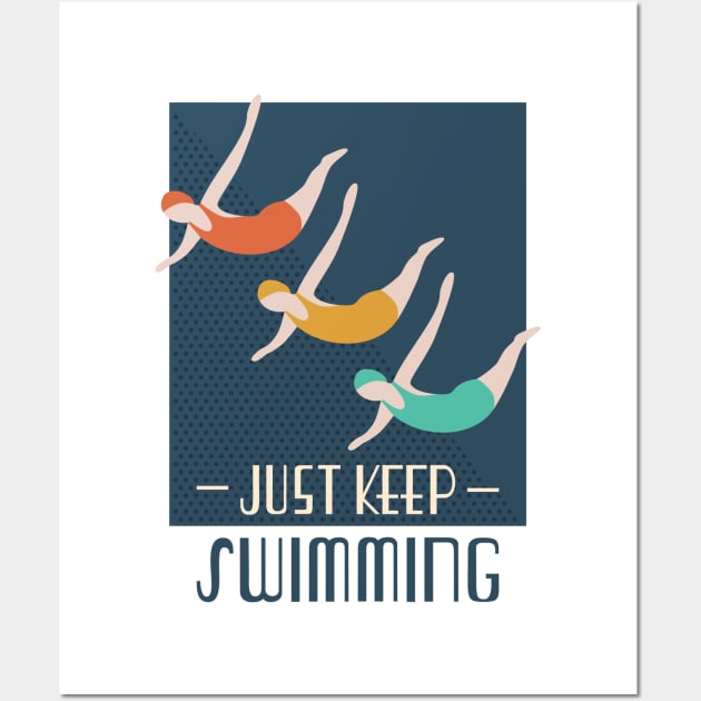 Just keep swimming retro vibe poster with colorful swimmers Wall Art by TinyFlowerArt